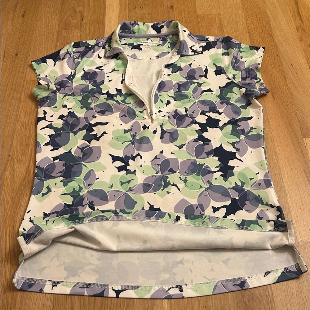Pebble Beach Floral White Green Purple Short Sleeve Golf Top Women’s Size Medium - Picture 11 of 15